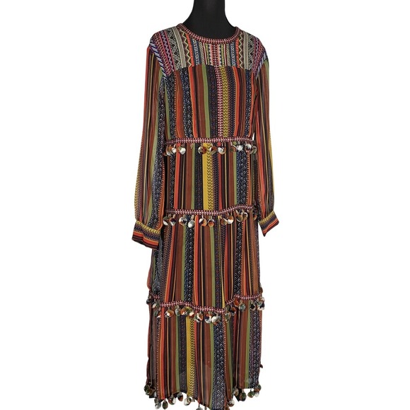 Chelsea & Theodore Boho Striped  Maxi Dress with Pom Poms Long Sleeve Bohemian - Picture 4 of 11